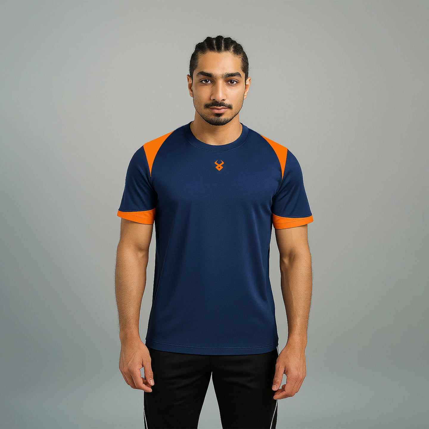 FIREOX Men’s Lycra Mesh Actifit T-Shirt, Navy Orange, D2, 2025