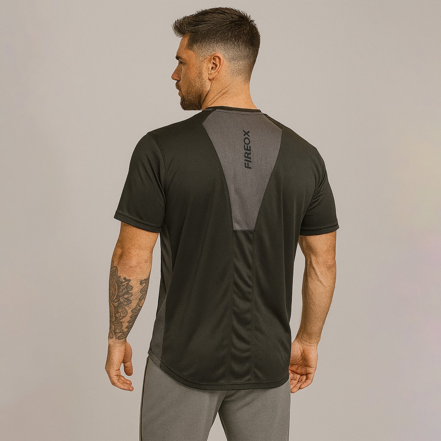 FIREOX Men’s Side Slit Hybrid T Shirt, Black & Charcoal , D1, 2025
