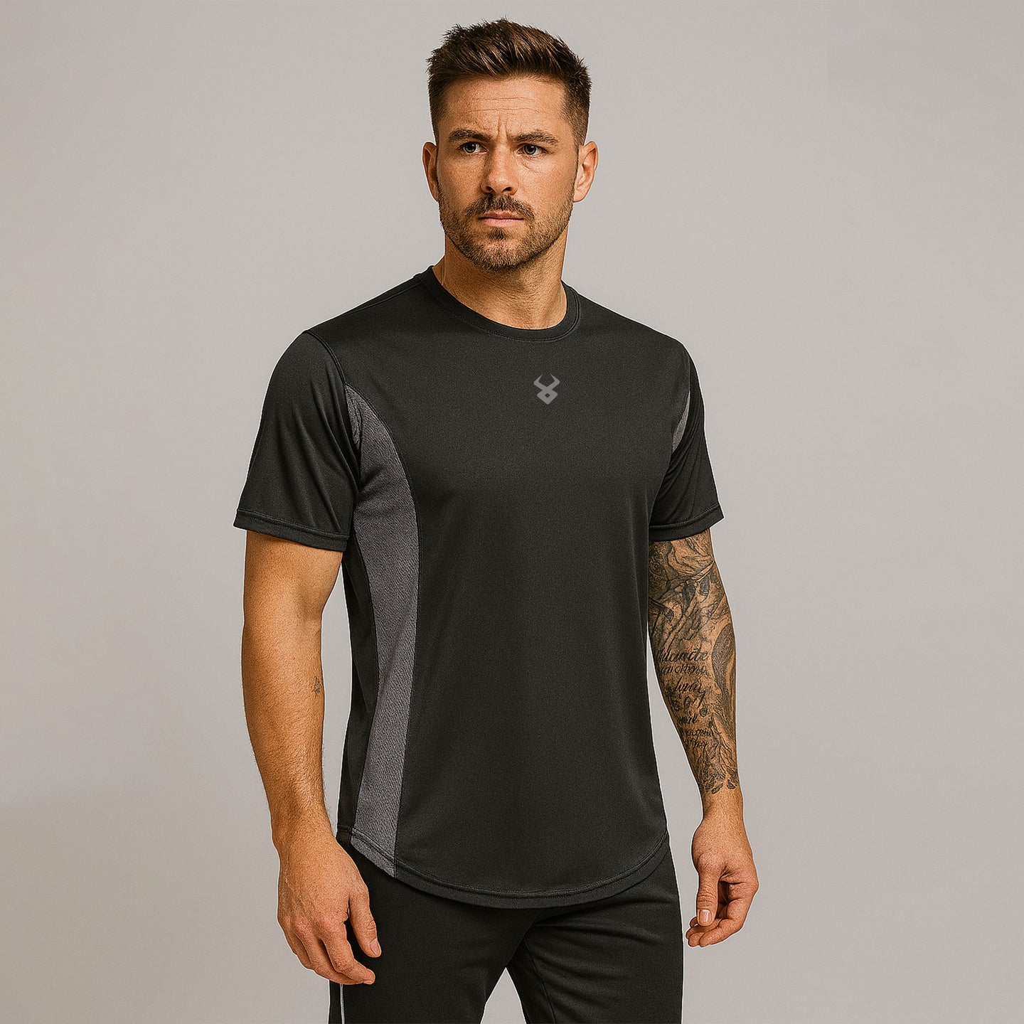 FIREOX Men’s Side Slit Hybrid T Shirt, Black & Charcoal , D1, 2025
