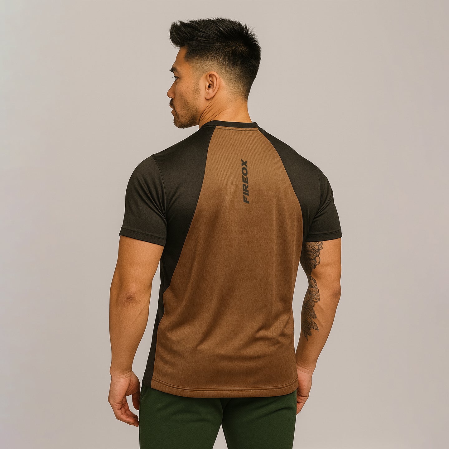 FIREOX Men’s Side Slit Hybrid T Shirt, Black & Brown , D2, 2025