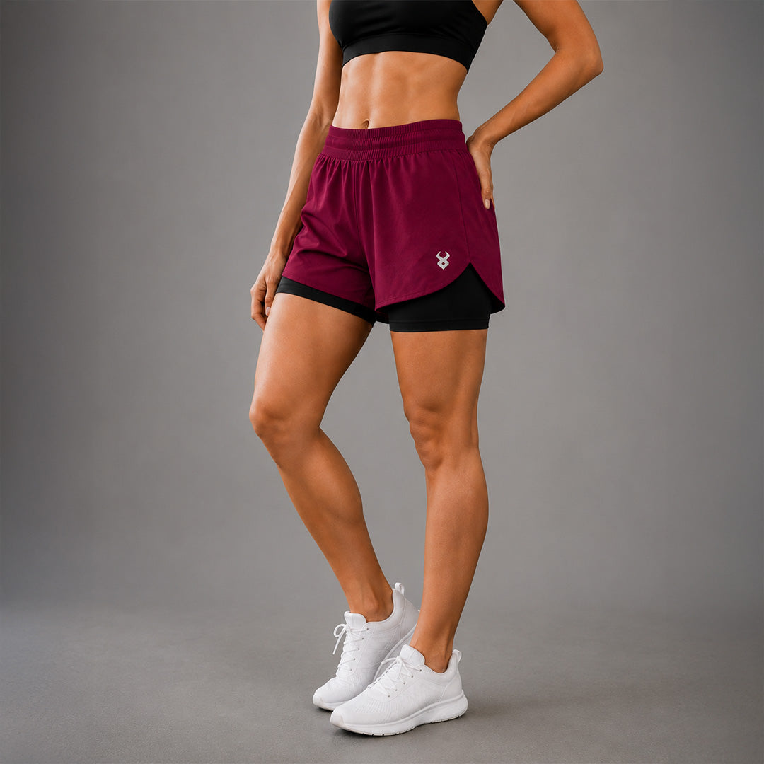 FIREOX Women Double Shorts, Maroon-1, 2026