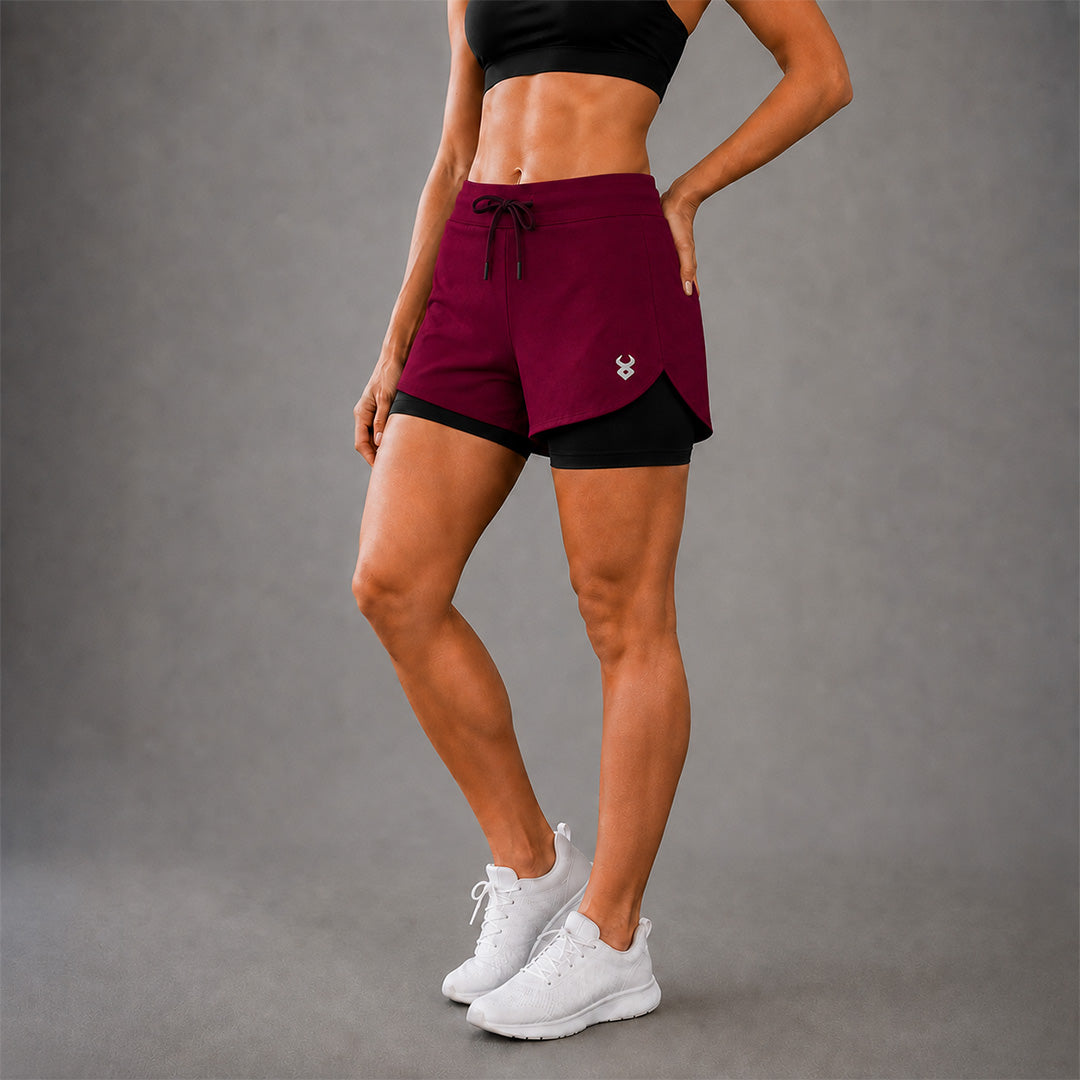 FIREOX Women Double Shorts, Maroon-1, 2026